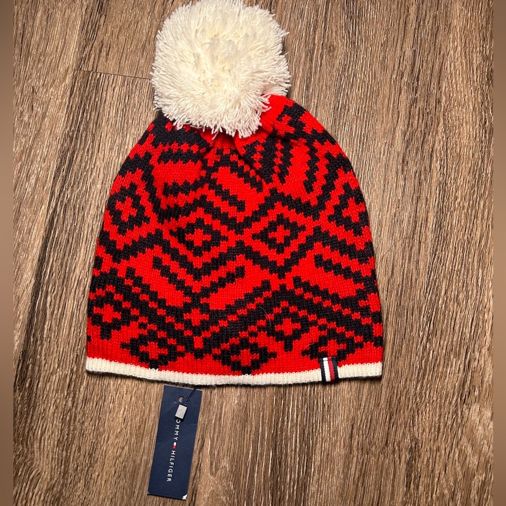Tommy Hilfiger Womens Pom Pom Striped Knit Beanie OSFM Navy Winter White Black